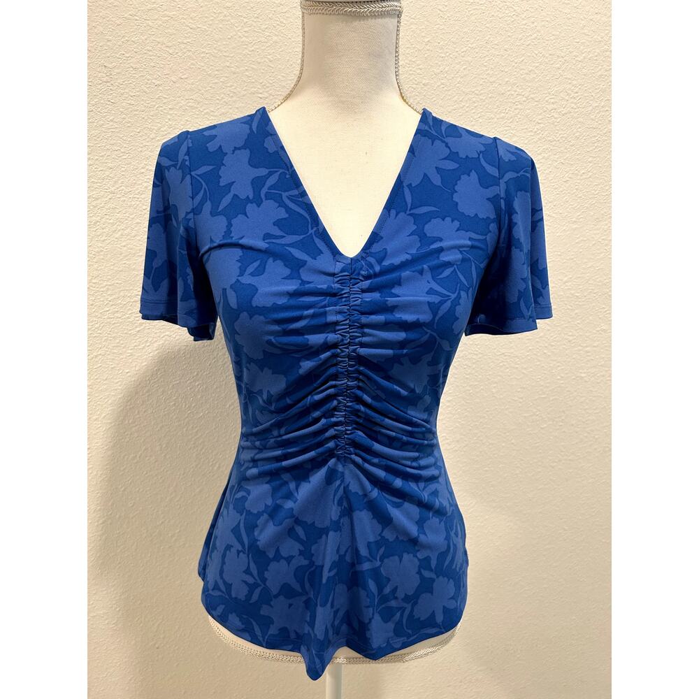 Michael Kors Womens Printed Ruched Flutter Grecian Blue Top Blouse V-Neck XS New